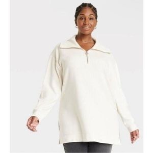 Ava & Viv Women's Plus Size Quarter Zip Ribbed Heavy Sweatshirt Cream